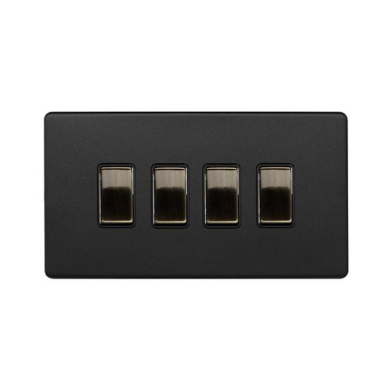 Soho Lighting Matt Black and Antique Brass 4 Gang Switch With 1 Intermediate (3 x 2 Way Switch with 1 Intermediate)