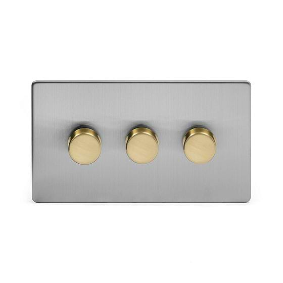 Soho Lighting Brushed Chrome & Brushed Brass 3 Gang 2 -Way Intelligent Dimmer 150W LED (300W Halogen/Incandescent)