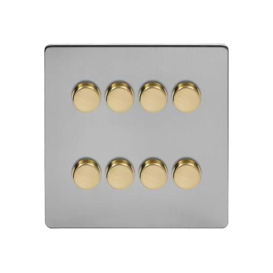Soho Lighting Brushed Chrome & Brushed Brass Flat Plate 8 Gang 2 Way Intelligent Trailing Dimmer Switch Screwless 150W LED (400w Halogen/Incandescent) 