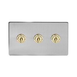 Soho Lighting Brushed Chrome & Brushed Brass 20A 3 Gang 2 Way Toggle Switch Screwless