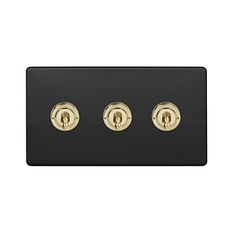 The Camden Collection Matt Black & Brushed Brass 20A 3 Gang 2 Way Toggle Switch Screwless