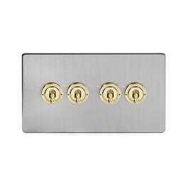 Soho Lighting Brushed Chrome & Brushed Brass 20A 4 Gang 2 Way Toggle Switch Screwless