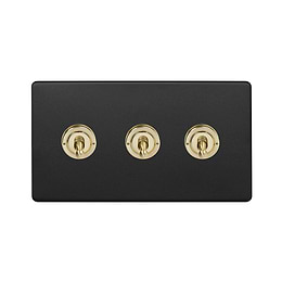 The Camden Collection Matt Black & Brushed Brass 20A 3 Gang Intermediate Toggle Screwless