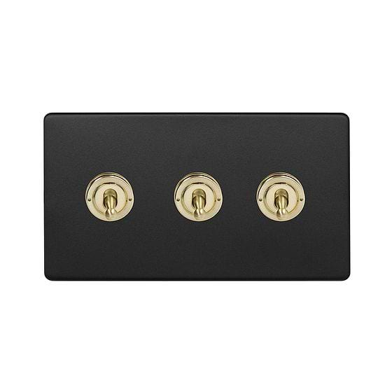 The Camden Collection Matt Black & Brushed Brass 20A 3 Gang Intermediate Toggle Screwless