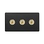 The Camden Collection Matt Black & Brushed Brass 20A 3 Gang Intermediate Toggle Screwless