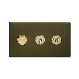 Soho Lighting Bronze with Brushed Brass 3 Gang Switch with 1 Dimmer (1x150W LED Dimmer 2x20A 2 Way Toggle) 