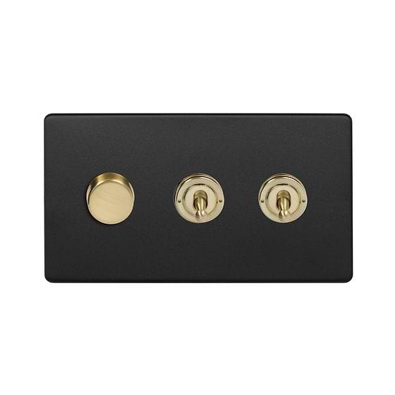 The Camden Collection Matt Black & Brushed Brass 3 Gang Switch with 1 Dimmer (1x150W LED Dimmer 2x20A 2 Way Toggle)
