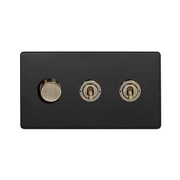 Soho Lighting Matt Black and Antique Brass 3 Gang Dimmer and Toggle switch combo (1x150W LED Dimmer 2x20A 2 Way Toggle)