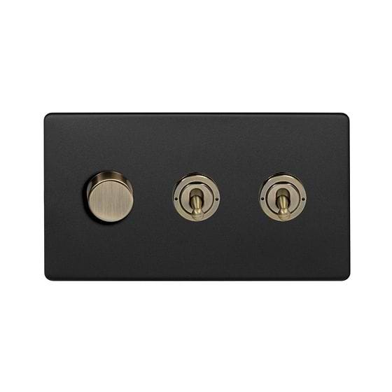 Soho Lighting Matt Black and Antique Brass 3 Gang Switch with 1 Dimmer (1x150W LED Dimmer 2x20A 2 Way Toggle)