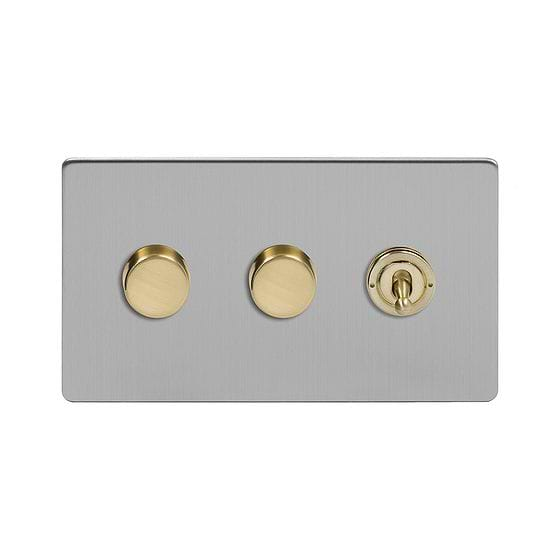 Soho Lighting Brushed Chrome & Brushed Brass 3 Gang Switch with 2 Dimmers (2x150W LED Dimmer 1x20A 2 Way Toggle) 