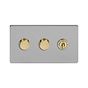 Soho Lighting Brushed Chrome & Brushed Brass 3 Gang Switch with 2 Dimmers (2x150W LED Dimmer 1x20A 2 Way Toggle) 