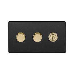 The Camden Collection Matt Black & Brushed Brass 3 Gang Switch with 2 Dimmers (2x150W LED Dimmer 1x20A 2 Way Toggle)