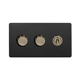 Soho Lighting Matt Black and Antique Brass 3 Gang Switch with 2 Dimmers (2x150W LED Dimmer 1x20A 2 Way Toggle)