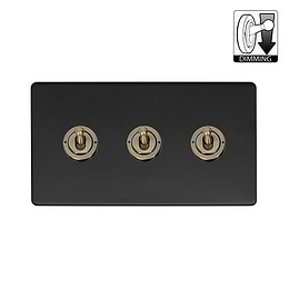 Matt Black and Antique Brass 3 Gang Dimming Toggle Switch

