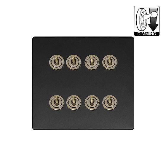 Matt Black and Antique Brass 8 Gang Dimming Toggle Switch
