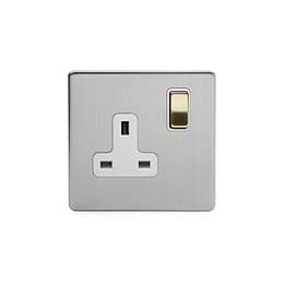 Soho Lighting Brushed Chrome & Brushed Brass 13A 1 Gang Switched Socket, DP White Inserts Screwless