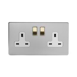 Soho Lighting Brushed Chrome & Brushed Brass 13A 2 Gang Switched Socket, DP White Inserts Screwless