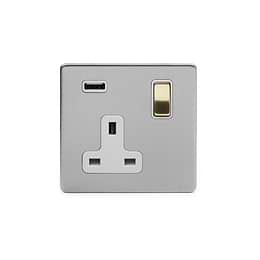 Soho Lighting Brushed Chrome & Brushed Brass 1 Gang 13A DP Socket with USB-A 2.1A