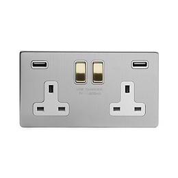 Soho Lighting Brushed Chrome & Brushed Brass 2 Gang 13A DP Socket with 2 x USB-A 4.8A