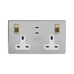 Soho Lighting Brushed Chrome & Brushed Brass 2 Gang 65W USB C+C Socket (13A Socket + 2 USB C Ports)