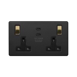 Soho Lighting Matt Black & Brushed Brass 2 Gang 65W USB C+C Socket (13A Socket + 2 USB C Ports)