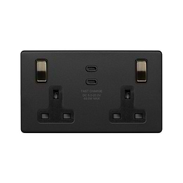 Soho Lighting Matt Black & Antique Brass 2 Gang 65W USB C+C Socket (13A Socket + 2 USB C Ports)