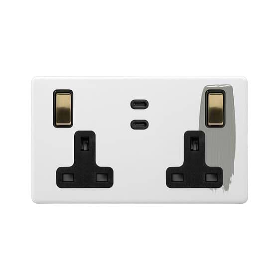 Soho Lighting Primed Paintable 2 Gang 65W USB C+C Socket (13A Socket + 2 USB C Ports)  with Brushed Brass Switch with Black Insert