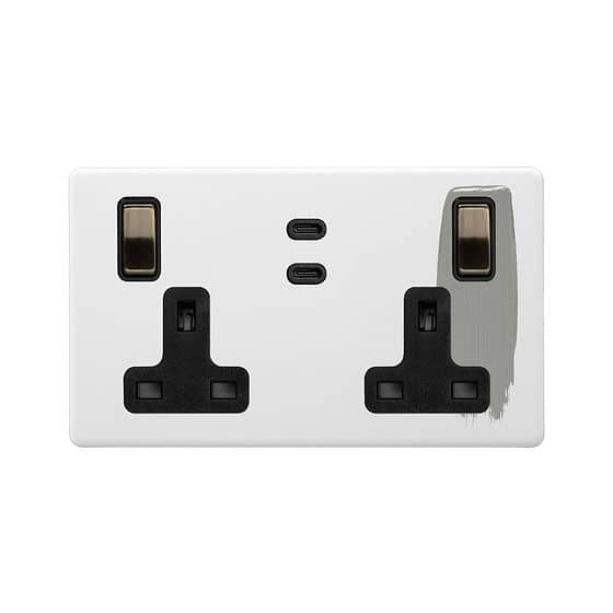 Soho Lighting Primed Paintable 2 Gang 65W USB C+C Socket (13A Socket + 2 USB C Ports)  with Antique Brass Switch