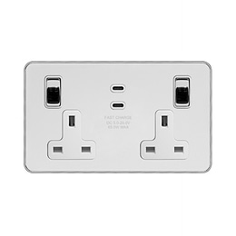 Soho Lighting White & Polished Chrome With Chrome Edge 2 Gang 65W USB C+C Socket (13A Socket + 2 USB C Ports) White Inserts