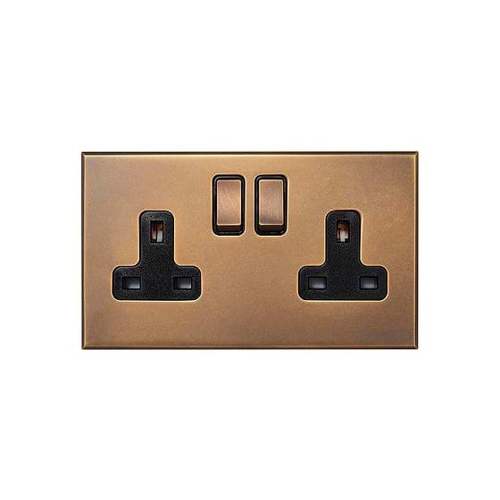 Aged Brass 2 Gang 13A Double Pole Switched Socket with Black Insert - The Palaces Collection