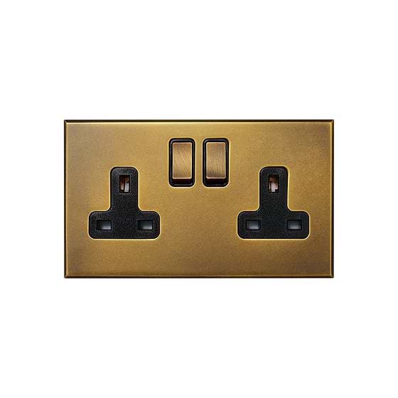 Aged Brass 2 Gang 13A Double Pole Switched Socket with Black Insert  - The Palaces Collection