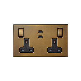 Aged Brass 2 Gang 13A Switched Socket 65W Max PD C+C USB Charging with Black Insert  - The Palaces Collection