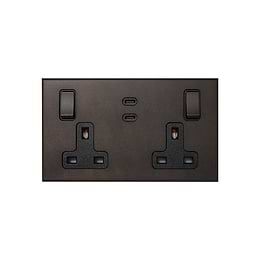Heritage Bronze 2 Gang 13A Switched Socket 65W Max PD C+C USB Charging with Black Insert  - The Palaces Collection