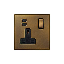 Aged Brass 1 Gang 13A Double Pole Switched Socket 3.1A Type C+C USB Charging with Black Insert  - The Palaces Collection