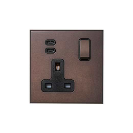 Heritage Bronze 1 Gang 13A Double Pole Switched Socket 3.1A Type C+C USB Charging with Black Insert  - The Palaces Collection