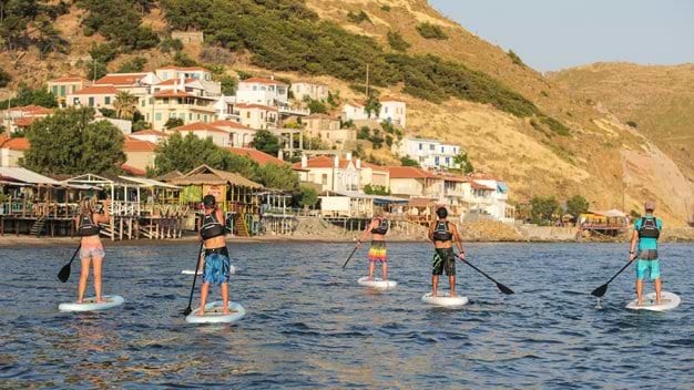 heading to Skala Eressos on the stand up paddle boards