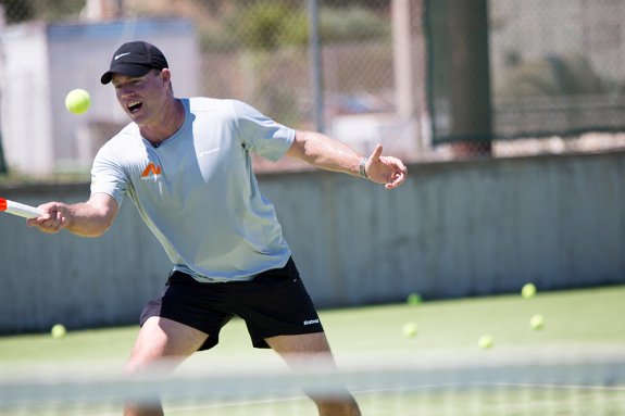 Mark Petchey playing tennis at Neilson Messini Beacchclub in Greece
