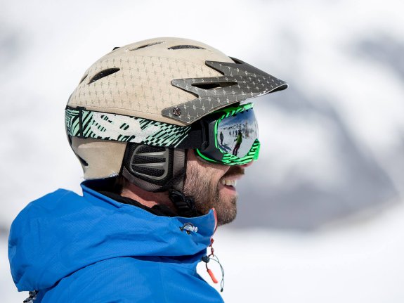 Skier wearing helmet and goggles