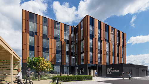 Designed to be highly flexible, the Health Innovation Hub includes both laboratory and office space for life science and health businesses. There will be an accessible ground floor, with a café and collaboration space, to create a usable space for the local community. The building will also be home to a ‘Digital Health Validation Lab,’ which will enhance the evaluation and validation of digital health technologies for clinical use, accelerating their adoption into clinical practice.