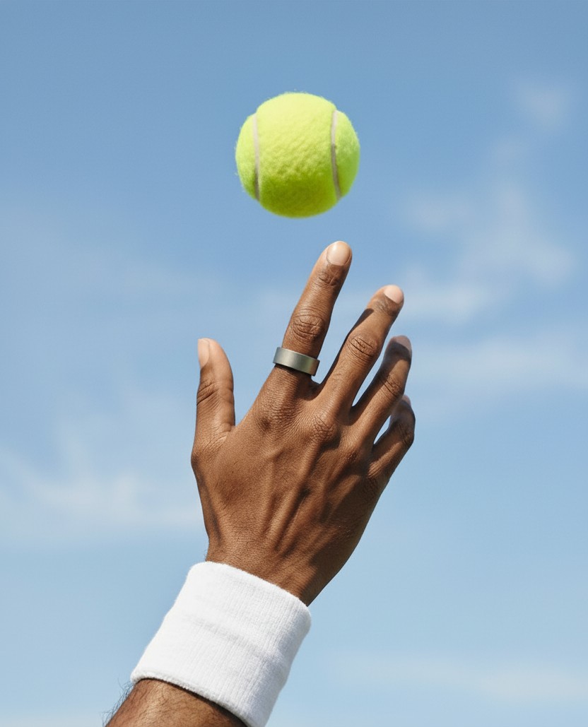 Ultrahuman Ring AIR on a hand reaching for a tennis ball