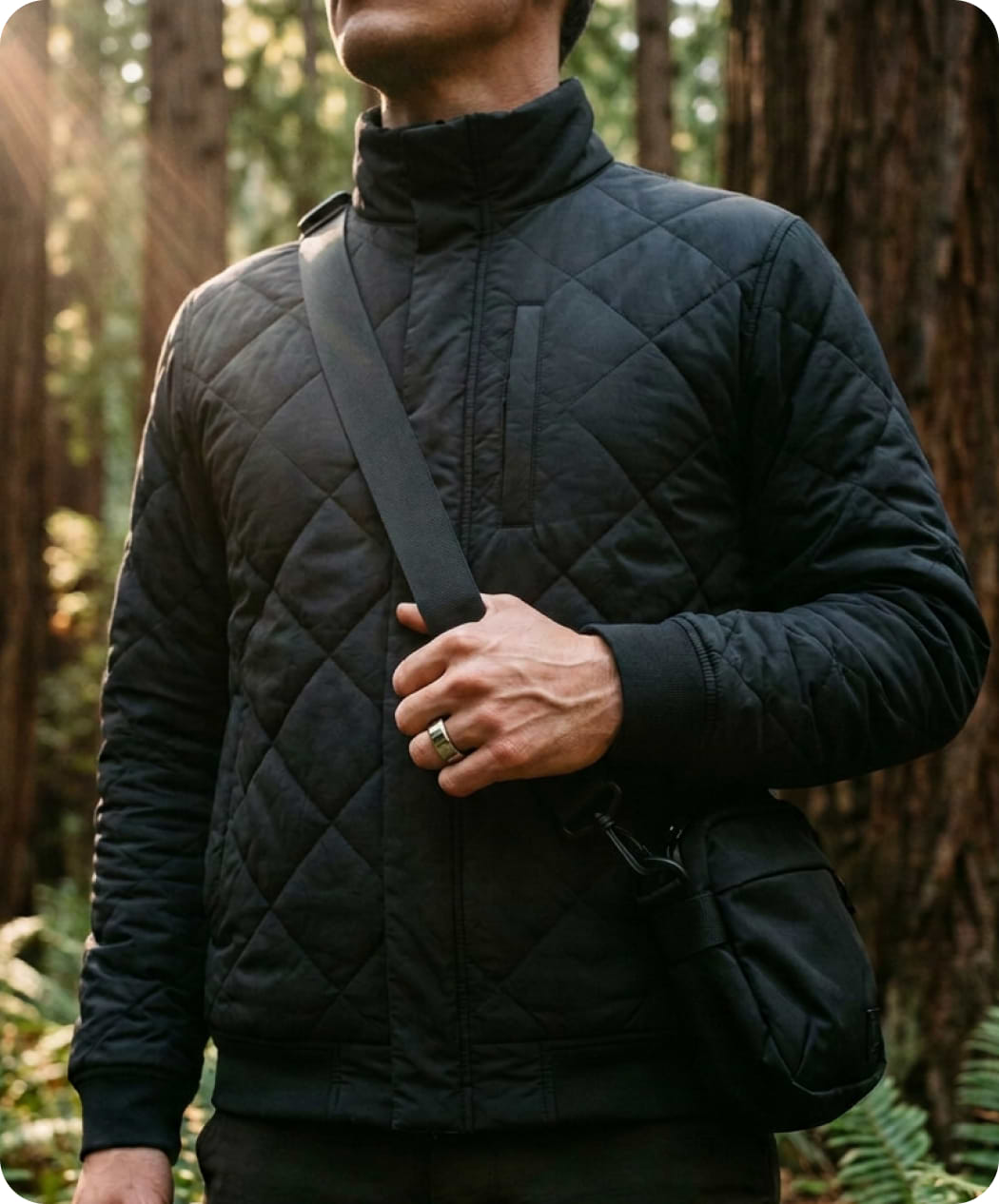 A person wearing a black jacket and the Ultrahuman Ring AIR