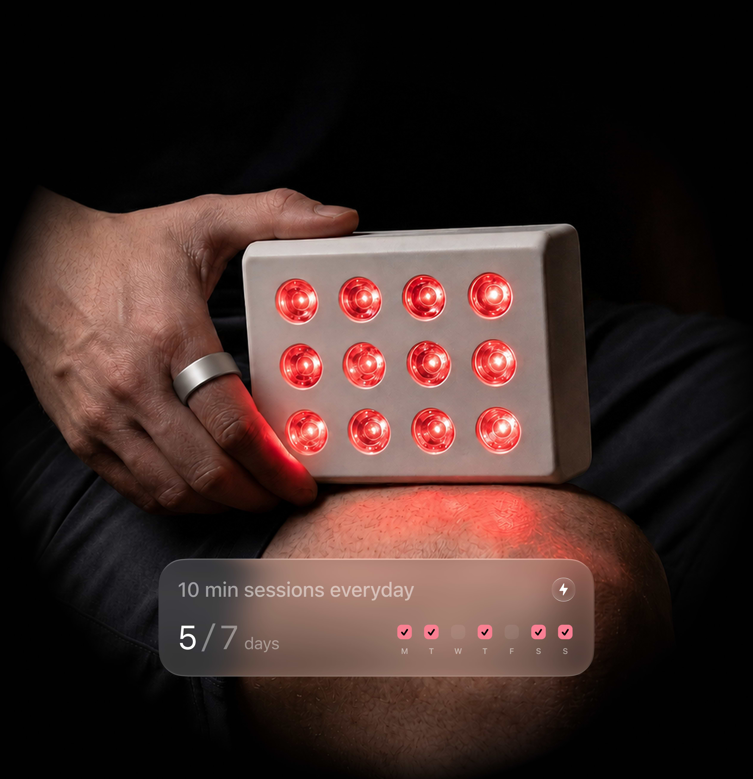 Step 3 — Track: Photon held against the knee while wearing the Ultrahuman Ring, with a weekly adherence overlay
