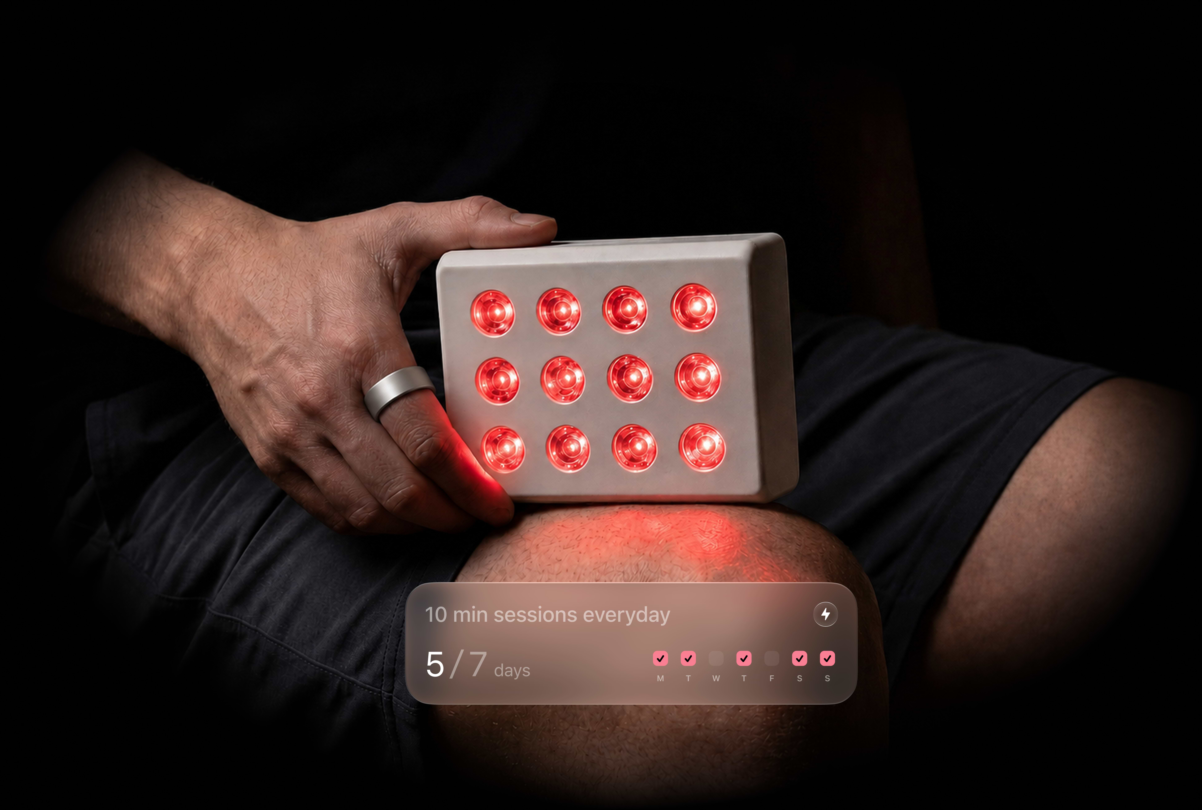 Step 3 — Track: Photon held against the knee while wearing the Ultrahuman Ring, with a weekly adherence overlay