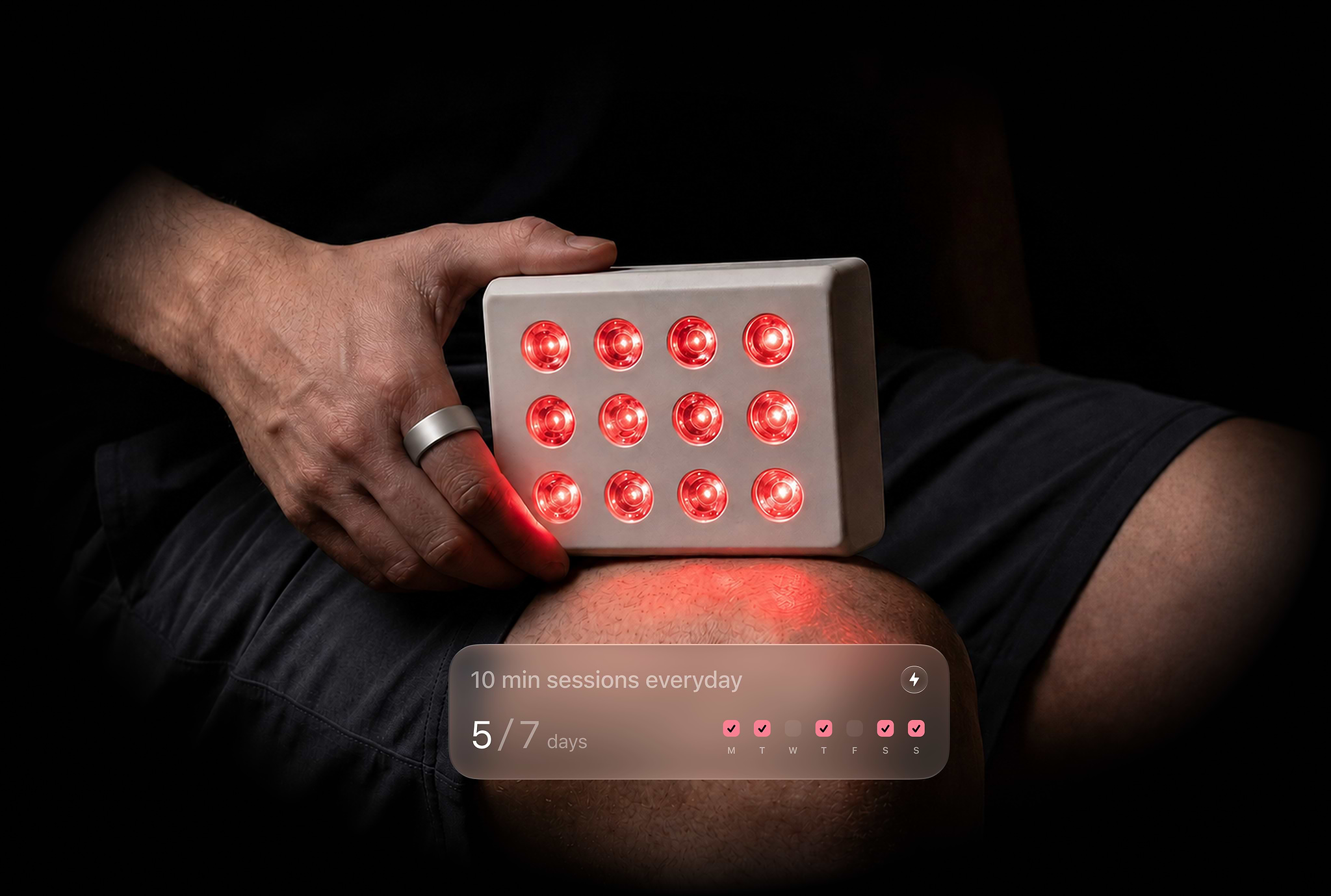 Step 3 — Track: Photon held against the knee while wearing the Ultrahuman Ring, with a weekly adherence overlay