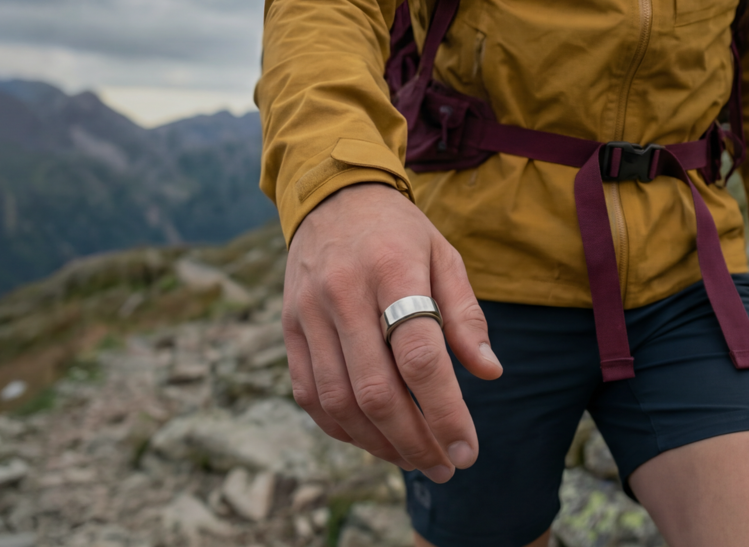 A hiker wearing Ring PRO on a mountain trail