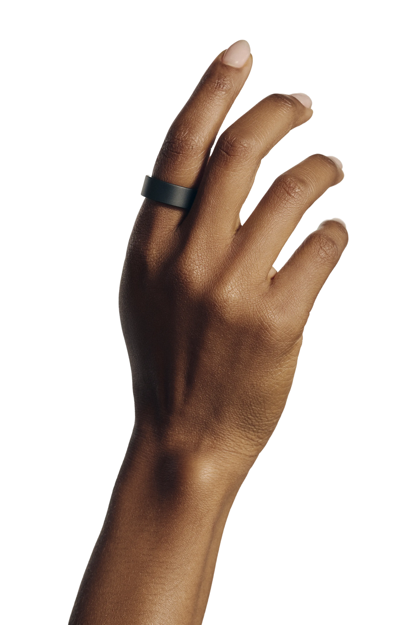 A raised hand wearing the Ultrahuman Ring in matte grey