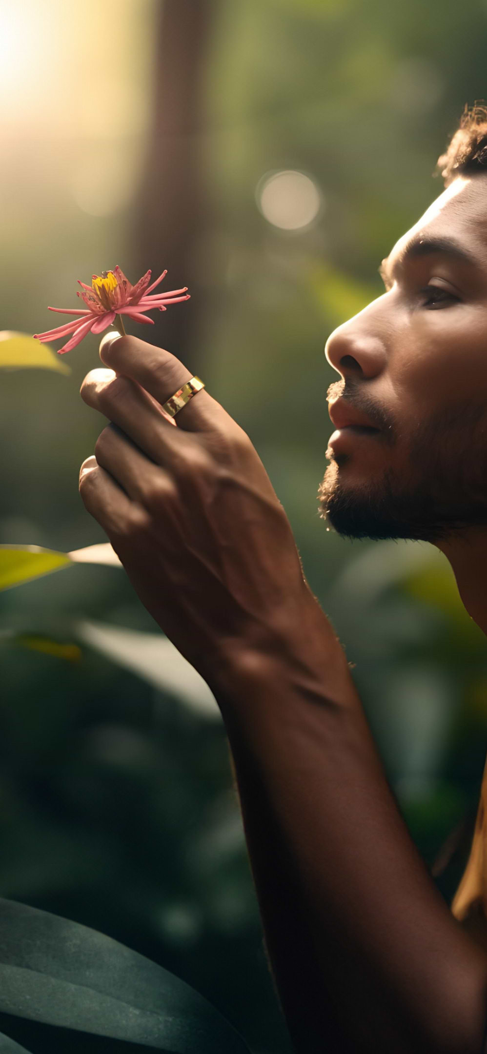 man touching flower wearing ultrahuman ring