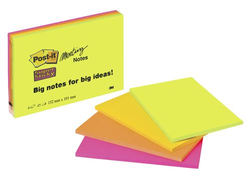 Post-it Super Sticky Meeting 149x98mm Neon Ast (Pack of 4) 6445-4SS