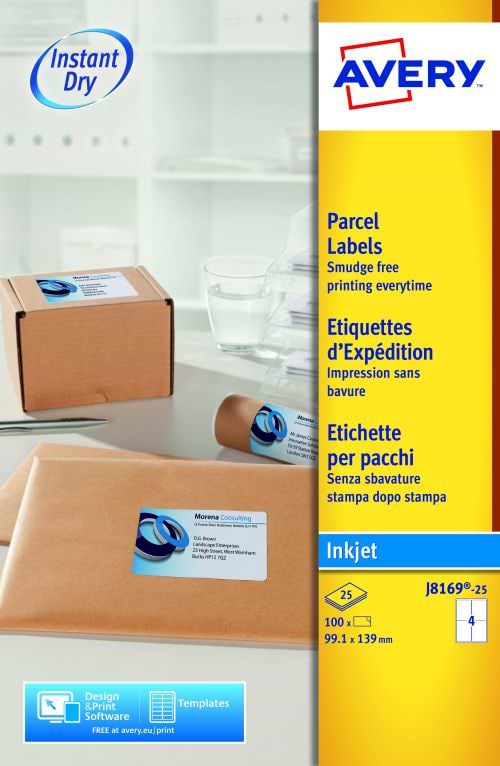 Avery Inkjet Parcel Labels 4 Per Sheet White (Pack of 100) J8169-25