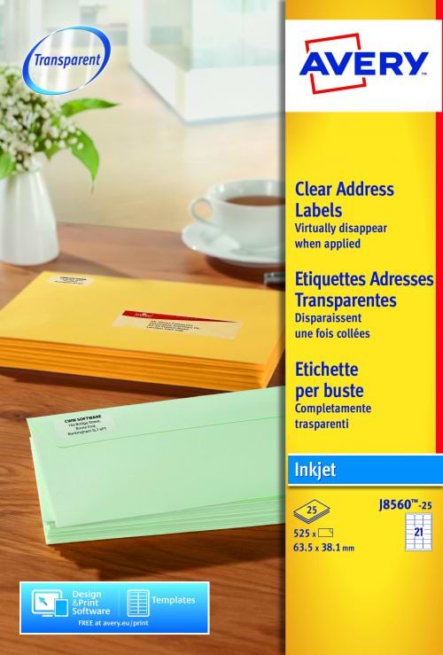 Avery Inkjet Address Labels 21 Per Sheet Clear (Pack of 525) J8560-25